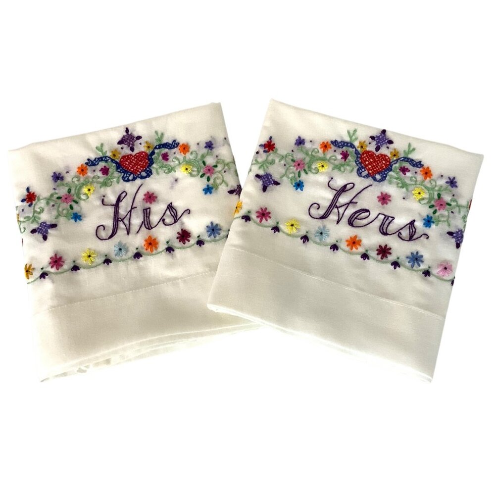 His & Hers Embroidered Queen Size Pillowcases Pair White Cotton Poly Blend